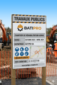 Panneau de chantier travaux publics 100x200 cm sur polypropylène alvéolaire 10mm, affichage multi-lots avec logos d'entreprises, adresses en Dordogne (Périgueux, Bergerac) et consignes de sécurité.